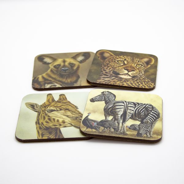Ithambo Wildlife Zebra Giraffe Wild Dog Leopard 4pc Cork Coasters Set