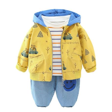 Zipper Hooded Jacket, T-Shirt, and Jeans Three-Piece Set For Boys