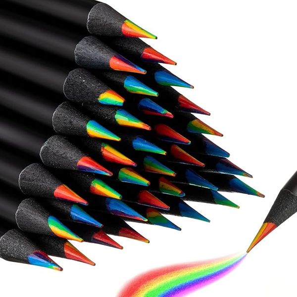 10 Pack 7-in-1 Rainbow Colored Pencils, Black Wood Set for Kids Students