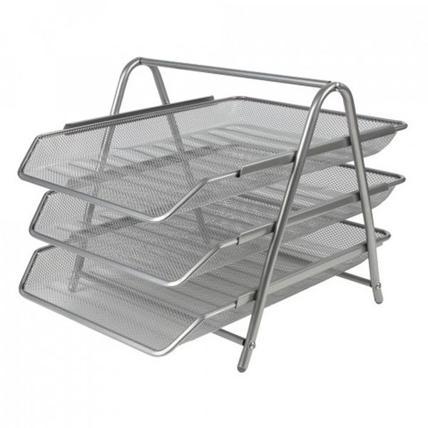 LANDA Wire Mesh Metal Desk Letter Tray Set - 3-Tier - Silver
