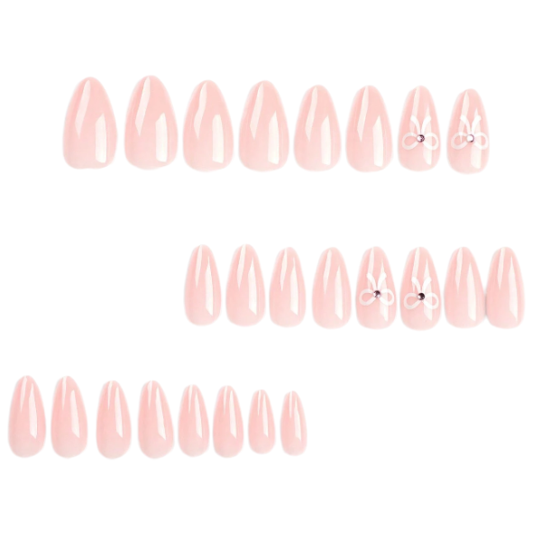 24pcs Almond Press-On Nails With Elegant Bows And Rhinestone Accents - Pink