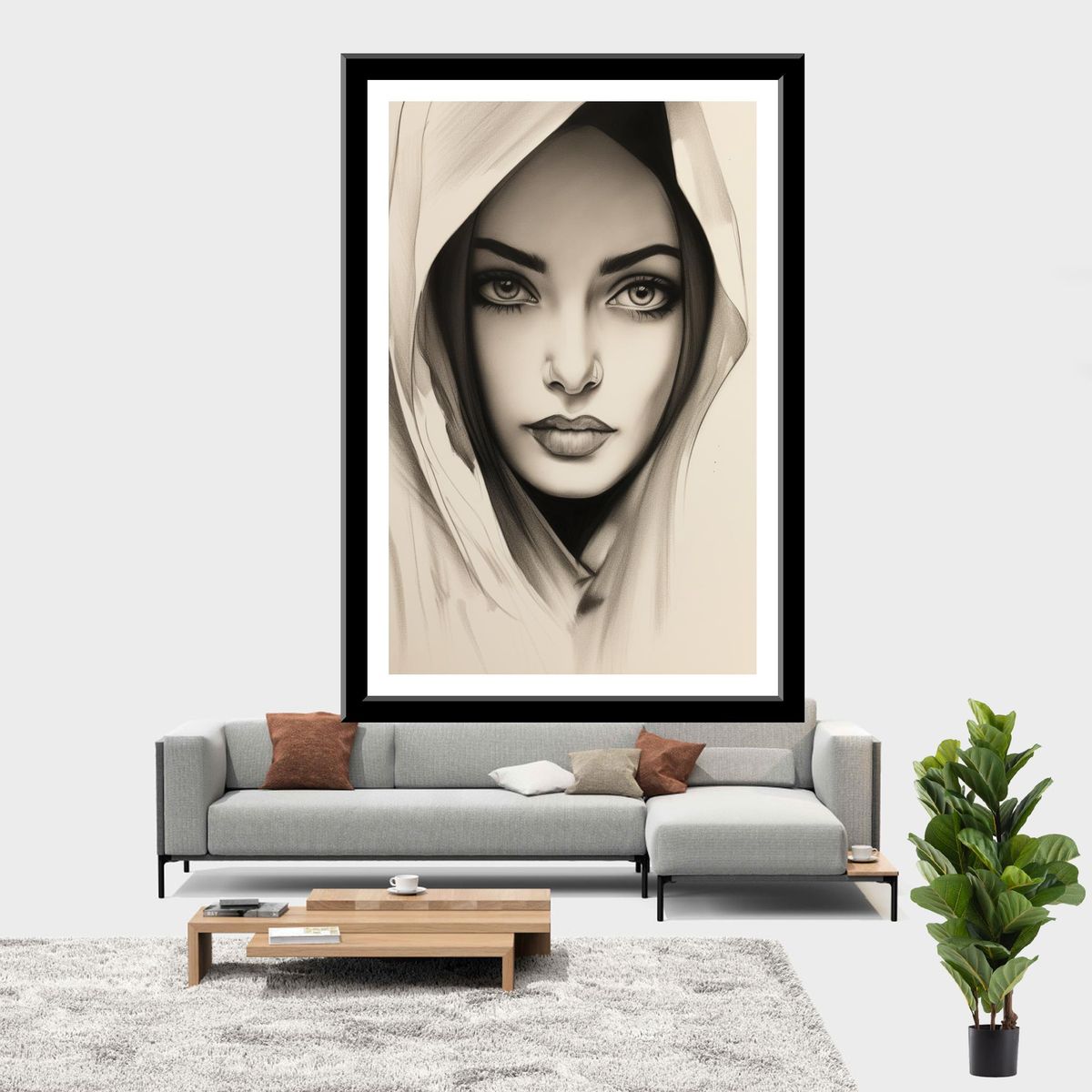 Wall art unframed this light sketch portrays a woman with middle eas