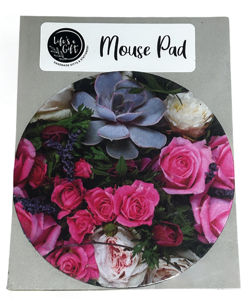 20cm Mouse Pad Life's a Gift - Pink Roses &amp; Purple Succulent