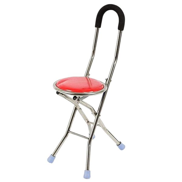 Elderly Care 2 In 1 Walking Crutches Cane with Seat - 4 Legs Chair Stool