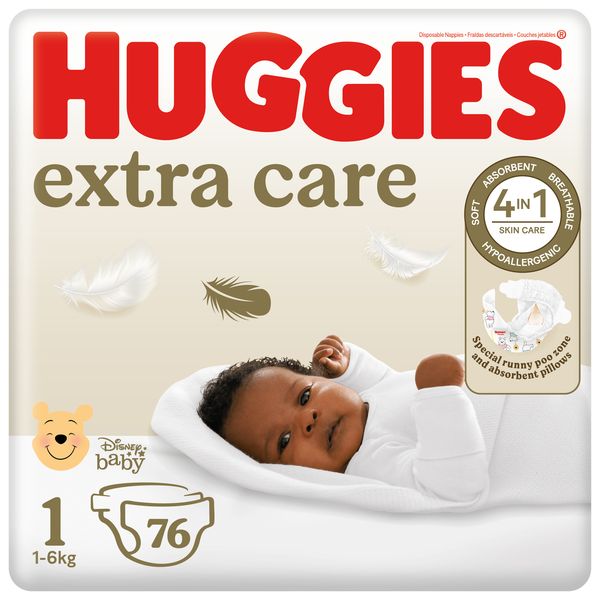 Huggies Extra Care - Size 1 New Baby (Up to 6kg) - 76 Nappies Value Packs