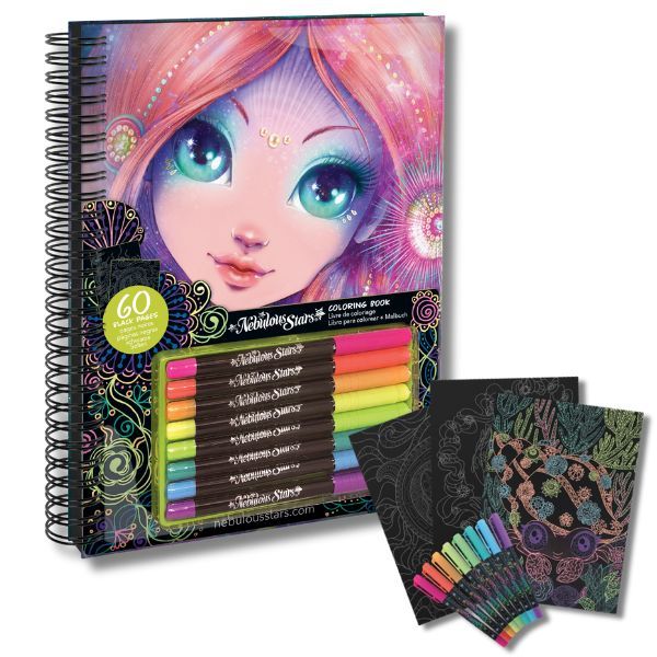 Nebulous Stars Coralia Black Pages Colouring Book Incl 8 Neon Ink Gel Pens