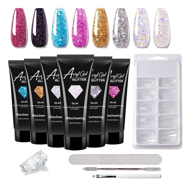 Glitter Polygel Set with Nail File, Brush Cuticle Pusher and Dual Forms