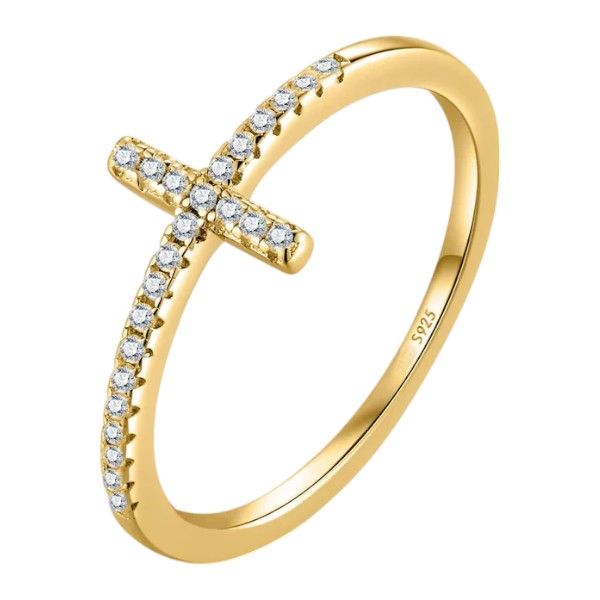 S925 Sterling Rhinestone Cross Ring - Gold