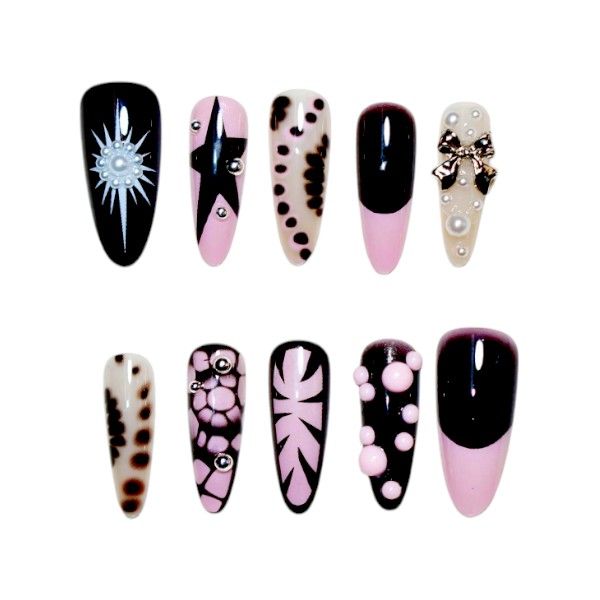 10 Gothic Glamour Press-On Nail With Bold Star &amp; Bubble Accents -Pink/Black