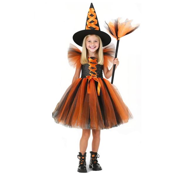 Girls Halloween Dress up Witch Skirt Broom Hat Orange Gown Fancy Dress