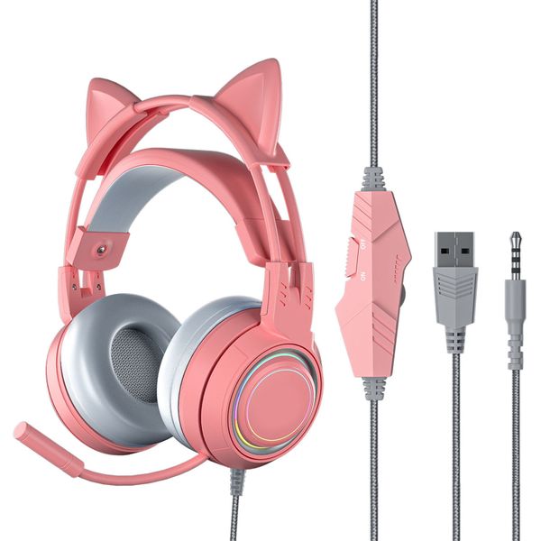 Cat Ear Headphones with Noise Reduction Mic All Wrapped Earcups Wired Pink