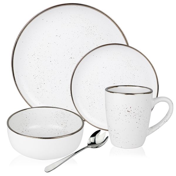 17 Piece Set - Modern Stoneware Porcelain Dinnerware Set with Golden Rim
