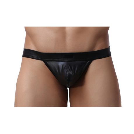 Men's Black Faux Leather Jockstrap Thong Underwear Bulge Pouch
