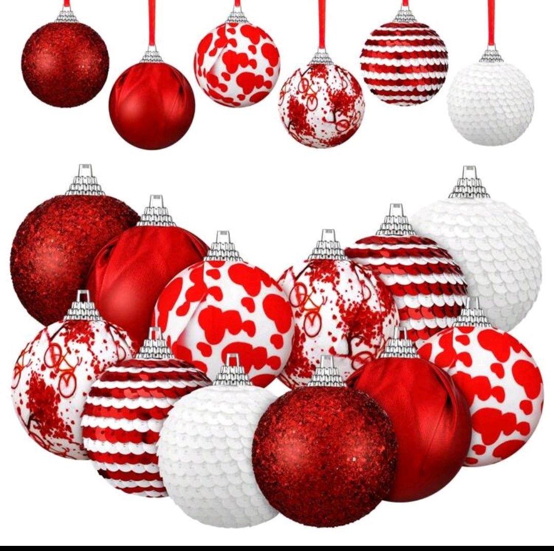 Festive Red, White and Silver christmas tree balls 12 pack