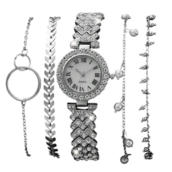 5 Piece Sparkling Crystal Design Watch &amp; Bracelet Set - Silver