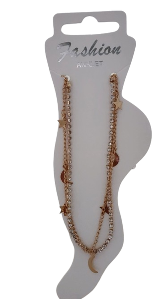 Anklet With Double Chain With Stars And Moon Attachments