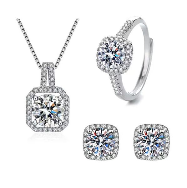 Pure Silver Square Necklace, Ring, and Earrings Set, Suitable For Women