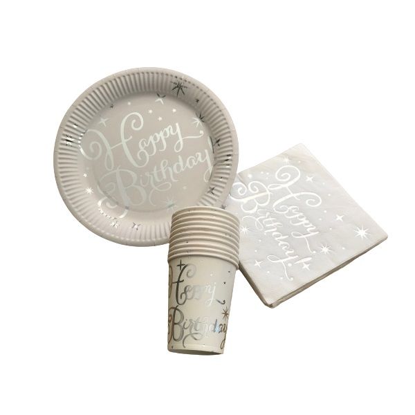 Happy Birthday (White &amp; Silver Foil) Theme Party Pack - Serves 10