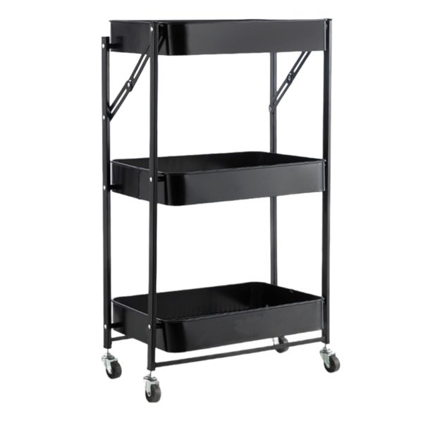 3 Tier Black Metal Foldable Storage Trolley Utility Trolley Serving Cart