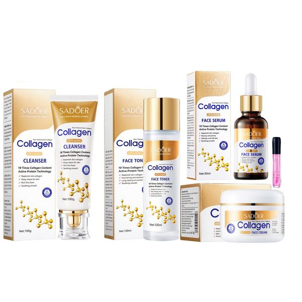 Sadoer Collagen Anti-Aging Cleanser, Toner, Serum Cream &amp; Lip Gloss