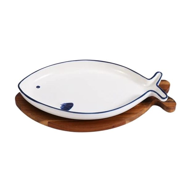 Creative Fish Design Shape Porcelain Dinner Serving Plate with Wooden Tray