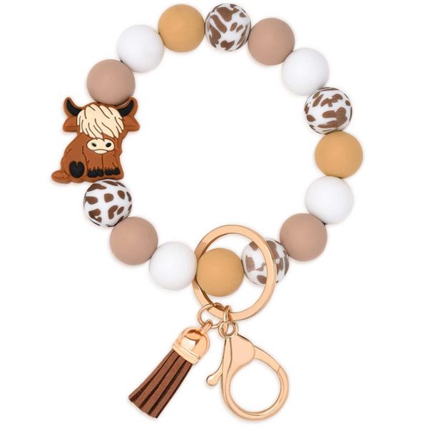 Cute Highland Cow Silicone Beaded Keychain Wristlet for Women