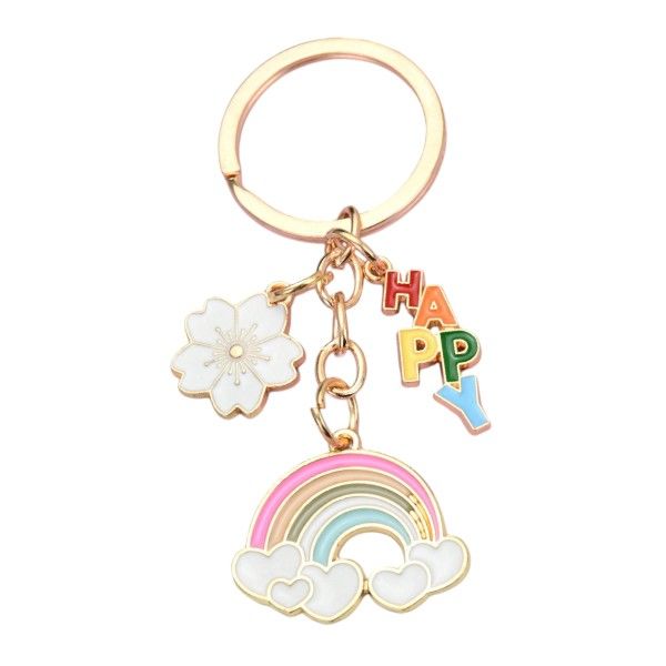 Happy Rainbow Keychain With Sakura Flower Charm - Multicolor