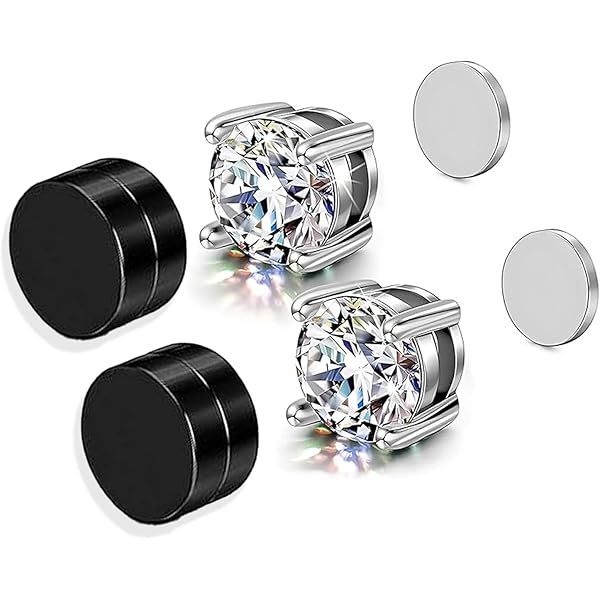 2 Pairs Stainless Steel Magnetic Non-Piercing Clack And Diamond Stud