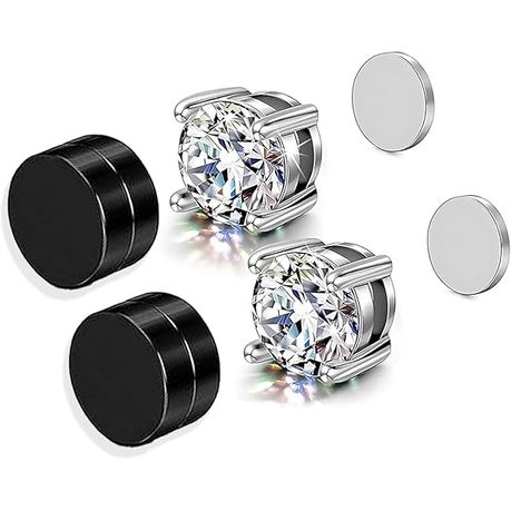 2 Pairs Stainless Steel Magnetic Non-Piercing Clack And Diamond Stud Image