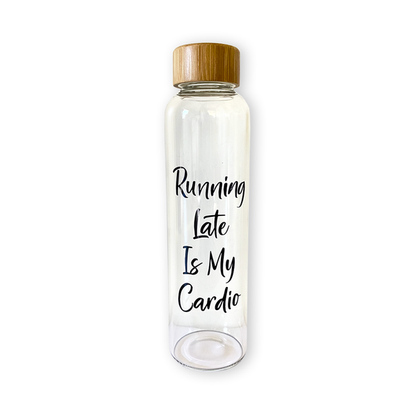Running Late Novelty Glass Water Bottle w/Bamboo Lid - 500ml - BPA Free