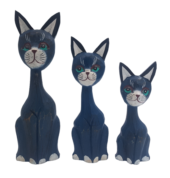 Cats set of 3 Long Neck Handcraft Bali Wooden Blue - 25cm