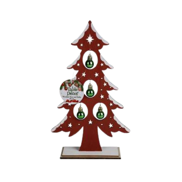 XMAS TABLE DECOR WOODEN TREE+BELLS 30cm