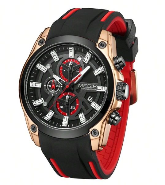 MEGIR - Chronograph Watch With Glow In The Dark Function - Black/Gold/Red