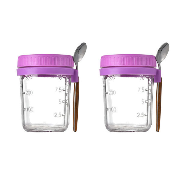 2 Pack 400ML Glass Breakfast Cup With Spoons - Purple