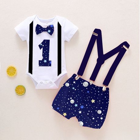 Surrme Baby Clothes 1st Birthday Outfits Short Long Sleeve Romper Pants Suspenders Strap Outfits Toddler Boy First Sets