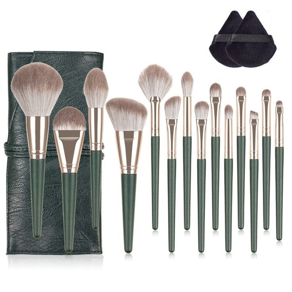 14 Piece Makeup Brushes with 2 Piece Make-Up Sponge with Leather Bag Set