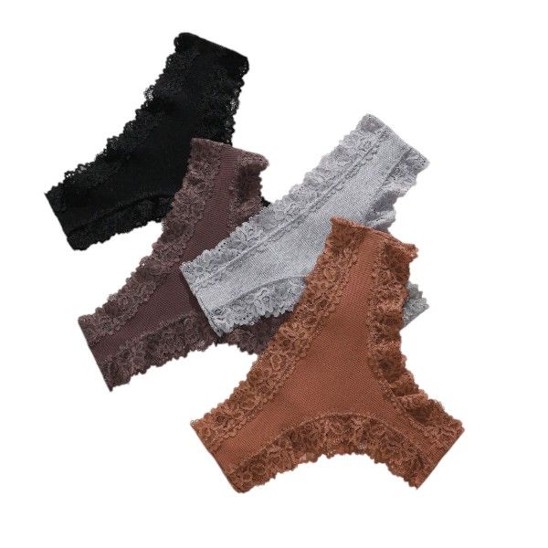 Lace-Trimmed Ribbed Thong Set - Large - Multicolour - 4-Piece