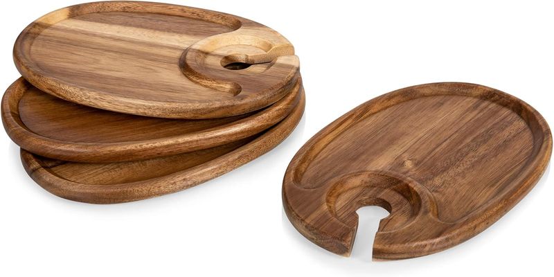 Acacia Wood Mini-Cheese Board &amp; Wine Glass Holder,Appetizer plates. 4 Piece