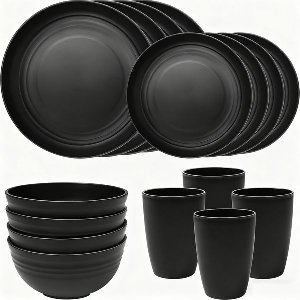 16 piece Set Dinnerware Unbreakable Plates and Bowls Kitchen Reuasble Plates
