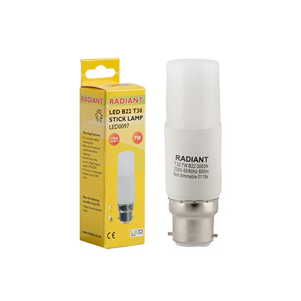 Radiant - Stick Lamp Frosted T30 B22 LED 7w 3000K