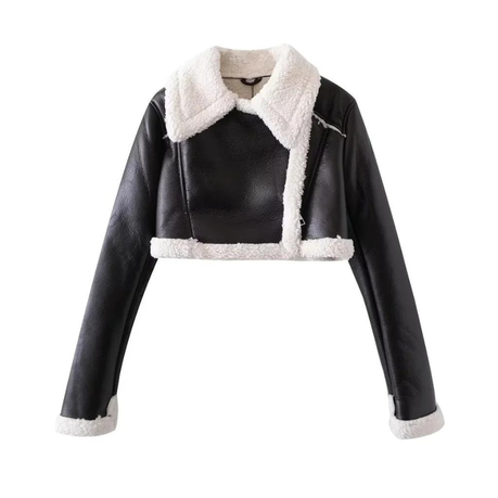 Aries Cropped Leather Jacket Zipper Shearling Patchwork