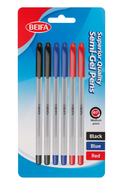 Assorted Colors -Semi-Gel Pens - 0.7mm - Black/Blue/Red - 6 Pack x 12
