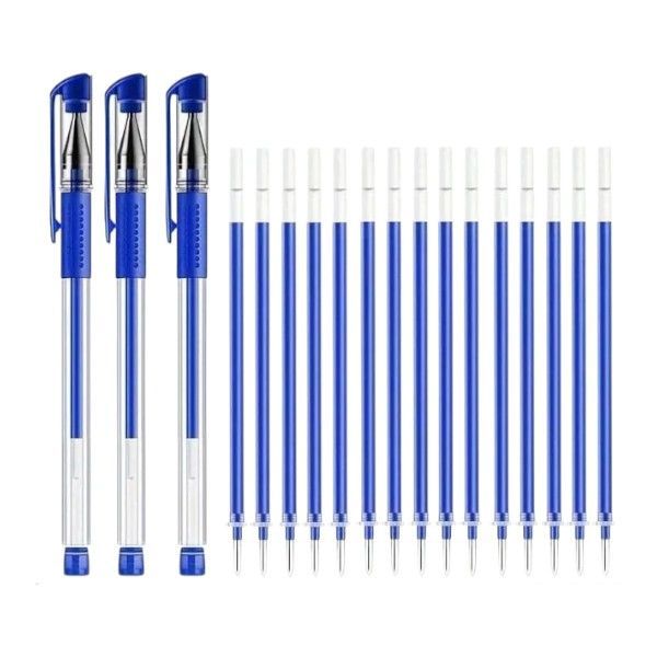 Gel Ink Pen Set with Refills - 3 Pens &amp; 15 Refills - Blue