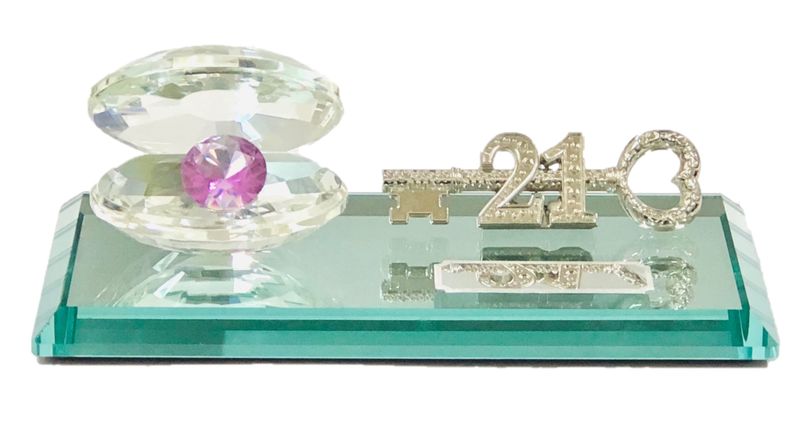 21st Key Glass shell with Lilac Crystal stone on Mirror base with metal key