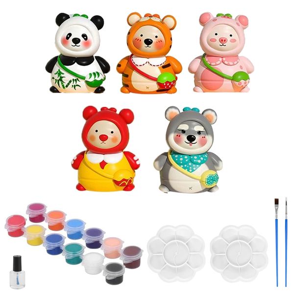 5PC DIY Painted Plaster Doll Kit Bear Creative Figurine Craft Set