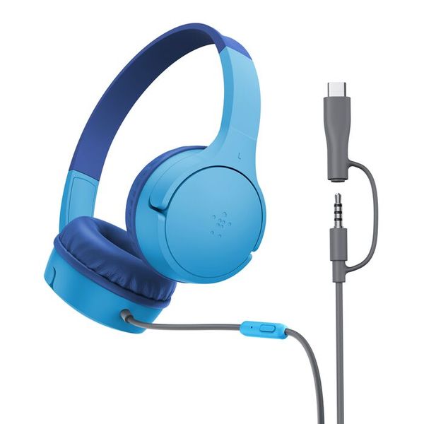 Belkin SoundForm Mini Kids Wired Headphones with USB-C to 3.5mm Dongle, Built-in Mic &amp; Fun Stickers, 85dB Max Volume - for Online Learning, Travel,