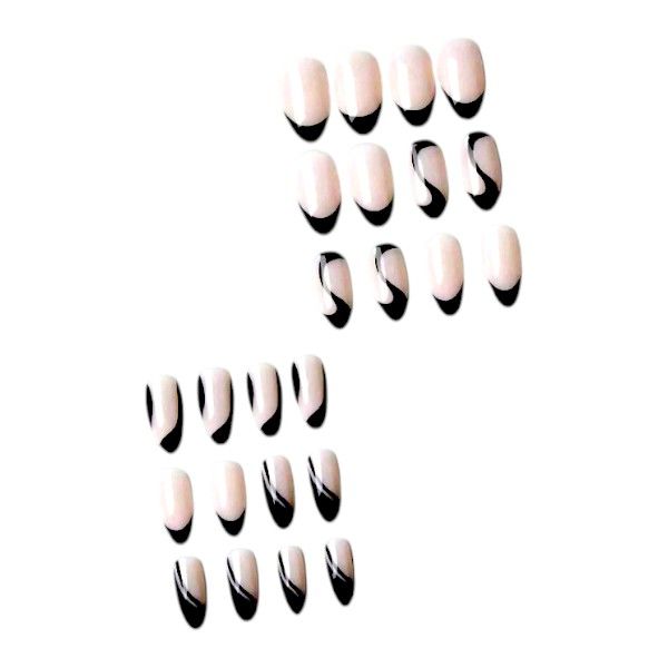24 Piece - Almond French Tip Press-On Nails With Black Swirls - Nude