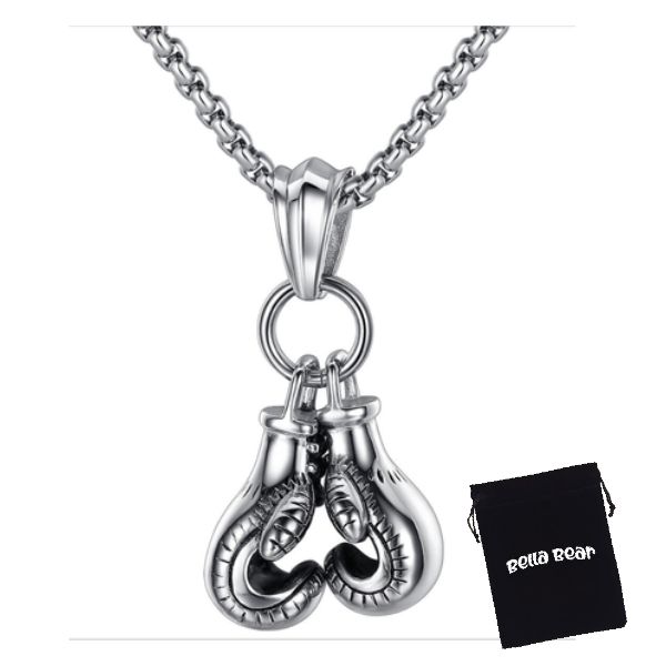 Valentine Stainless Steel Pair Boxing Glove Necklace-Shining Silver + Pouch
