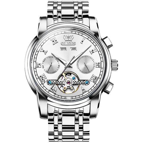 Olevs Automatic Stainless Steel Tourbillon Watch - Silver/White
