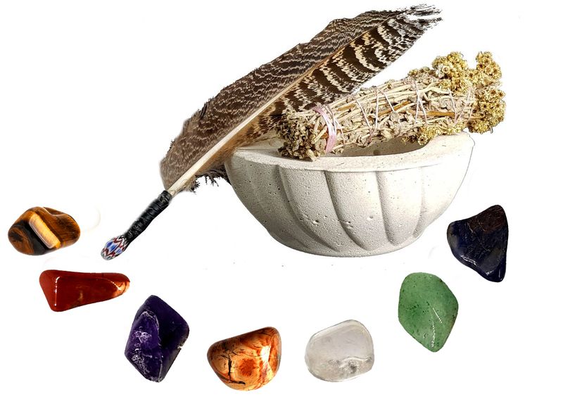 Smudge Bowl&amp;Smudge Wand -Peacock Smoke Feather Fan&amp;7 Chakra stones